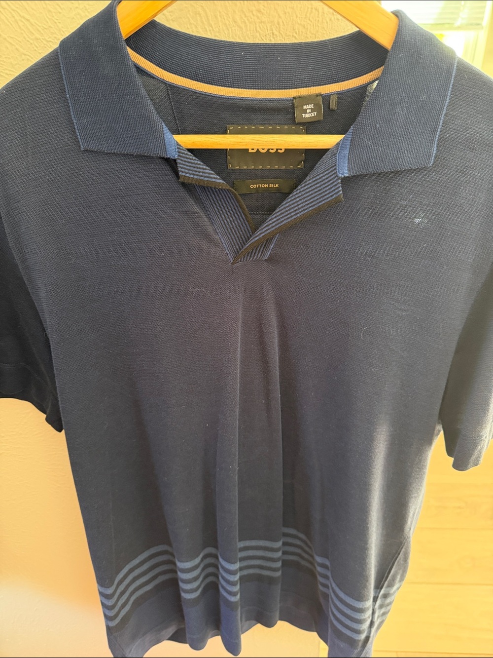 Boss Men's Dark Navy Cotton-Silk Polo with Subtle Stripes L